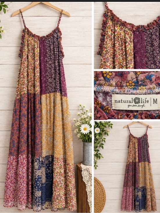 NATURAL LIFE Dresses & Skirts - NATURAL LIFE Plum Multi Floral Patchwork Maxi Dress